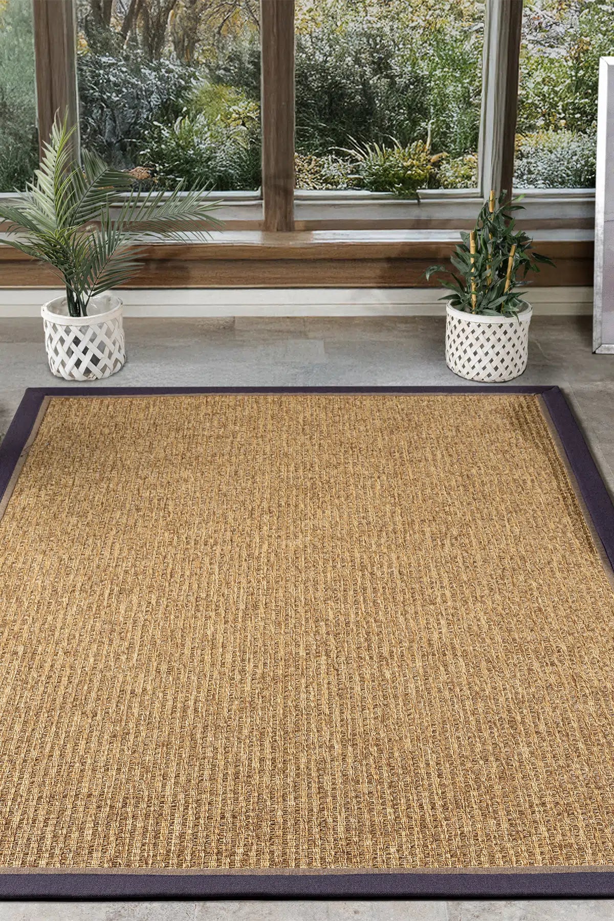 Bombay Kahve Halı Mor Kahve Bordürlü Kolay Temizlenen Hasır Dokulu Sisal Halı 666