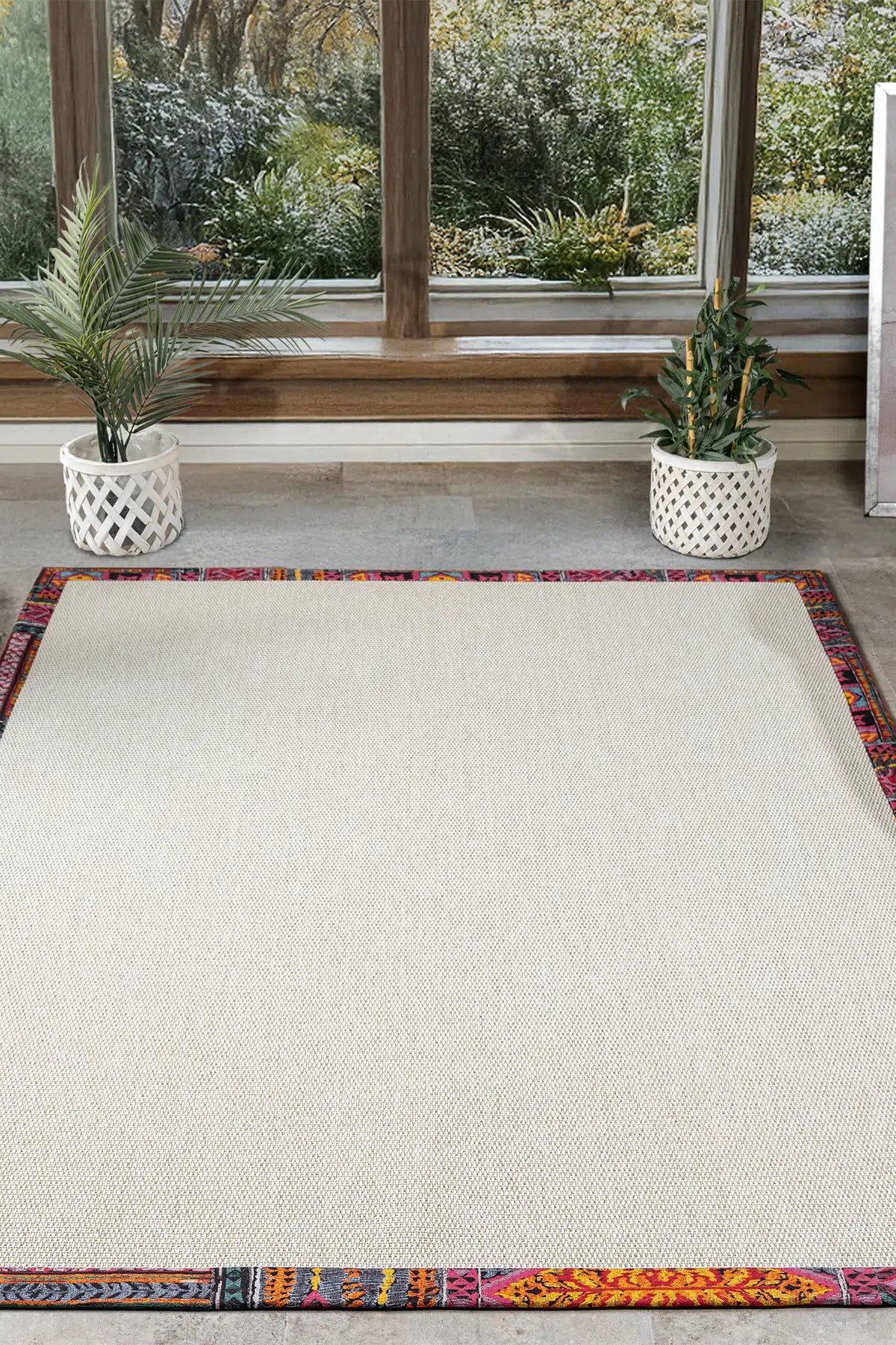 Bombay Krem Halı Multi Bordürlü Kolay Temizlenen Hasır Dokulu Sisal Halı 664