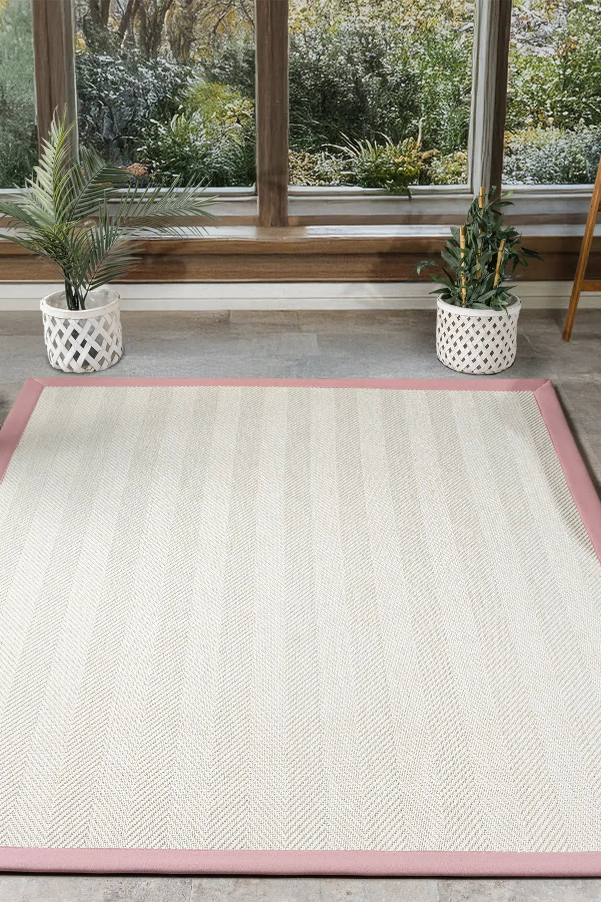 Bombay Krem Halı Pembe Bordürlü Kolay Temizlenen Hasır Dokulu Sisal Halı 665