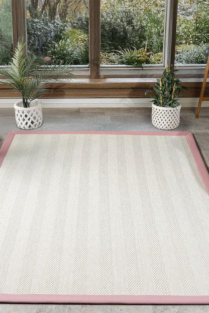 Bombay Krem Halı Pembe Bordürlü Kolay Temizlenen Hasır Dokulu Sisal Halı 665